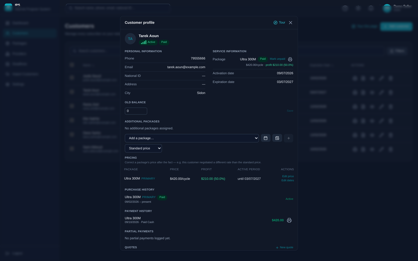 IPS customer profile showing package pricing, purchase history, and payment history