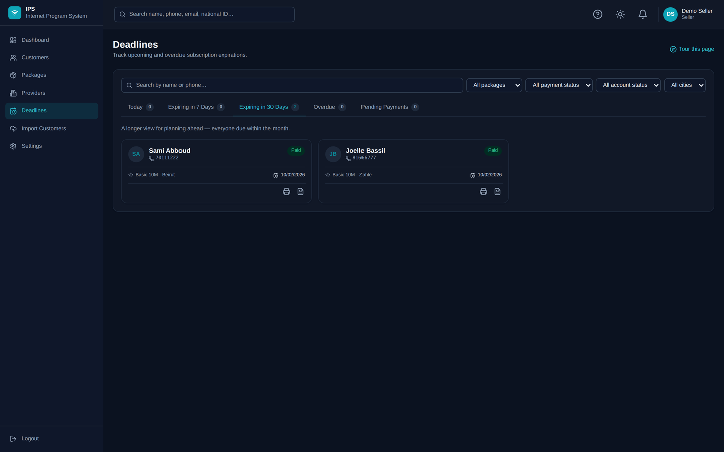 IPS deadlines view tracking upcoming subscription expirations